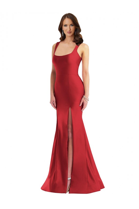 Outlet Square Neck Silky Satin Mermaid Prom Dress with Side Slit