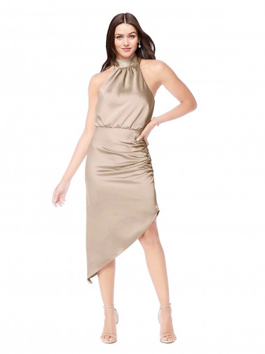 Outlet Silky Satin High Low Midi Length Cocktail Prom Dress / Homecoming Dress with Asymmetric Skirt