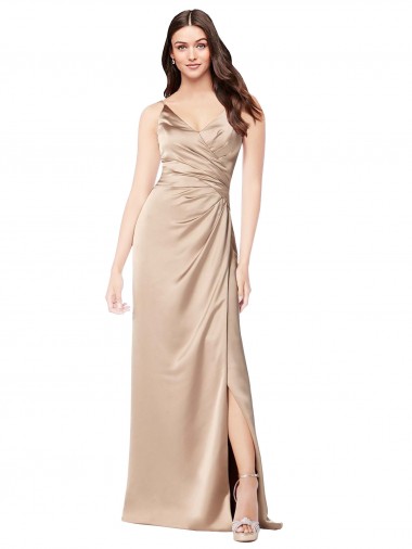 Outlet Silky Satin Prom Dress with Draped Surplice Bodice