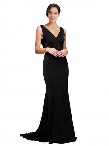 Outlet V-Neck Full Length Silky Satin Prom Dress with Soft Cowl Neck and Sweep Train