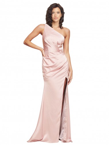 Outlet Full Length Ruched Silky Satin Prom Dress with Low Back and High Split