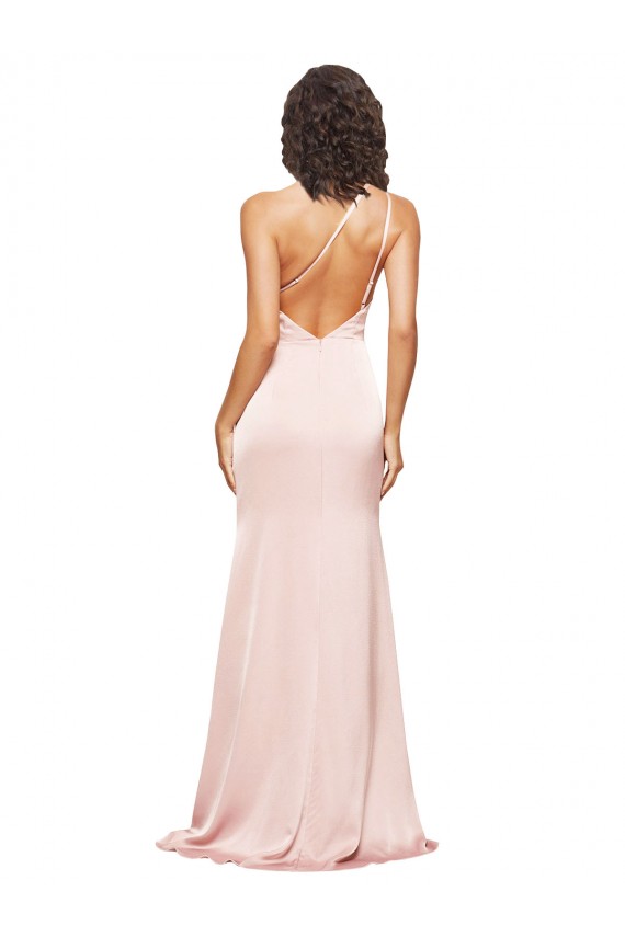 Outlet Full Length Ruched Silky Satin Prom Dress with Low Back and High Split
