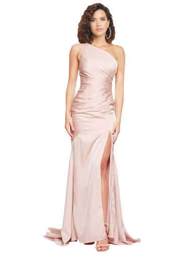 Outlet Full Length One Shoulder Long Silky Satin Prom Dress with High Split