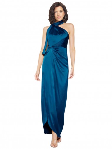 Outlet High Halter Neck Silky Satin Prom Dress with Sash Overlay and Side Split