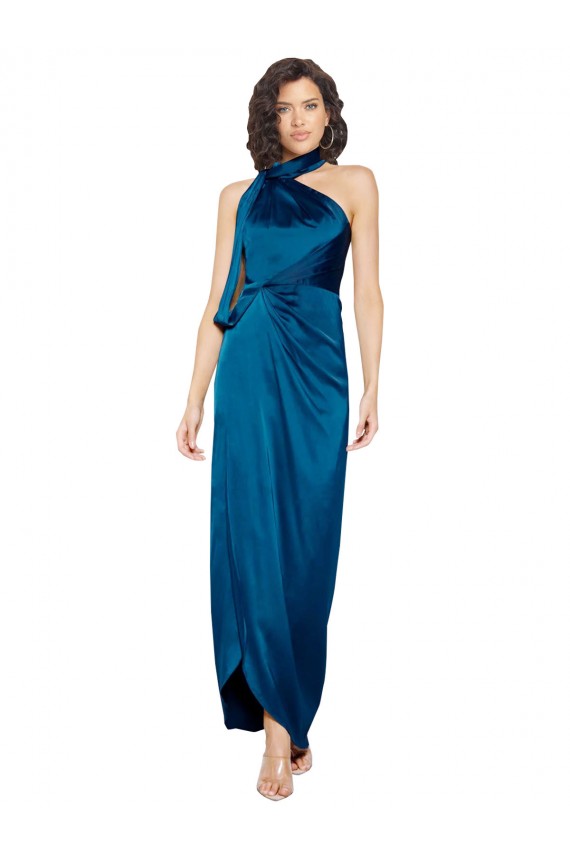 Outlet High Halter Neck Silky Satin Prom Dress with Sash Overlay and Side Split