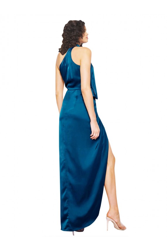 Outlet High Halter Neck Silky Satin Prom Dress with Sash Overlay and Side Split
