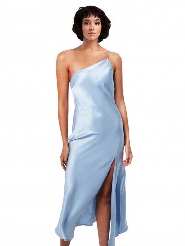Outlet Midi Length Short Silky Satin Cocktail Prom Dress / Homecoming Dress with Asymmetric Neckline and High Side Split