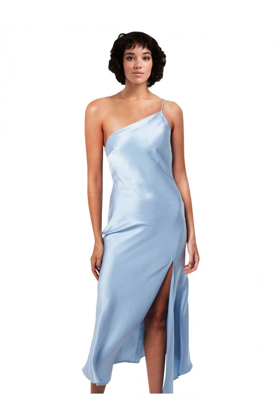 Outlet Midi Length Short Silky Satin Cocktail Prom Dress / Homecoming Dress with Asymmetric Neckline and High Side Split