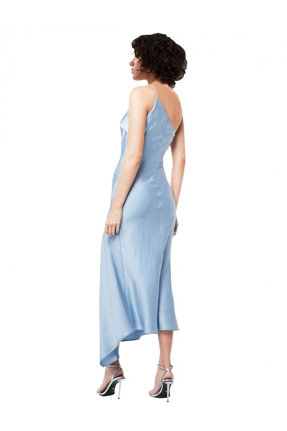 Outlet Midi Length Short Silky Satin Cocktail Prom Dress / Homecoming Dress with Asymmetric Neckline and High Side Split