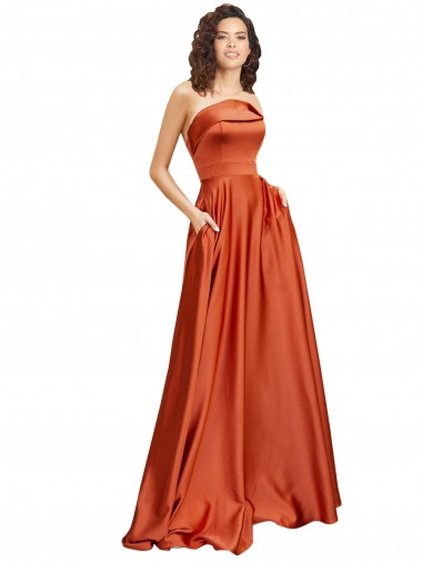 Outlet Strapless Sweep Train Silky Satin Prom Dress with Pleats