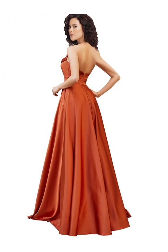 Outlet Strapless Sweep Train Silky Satin Prom Dress with Pleats