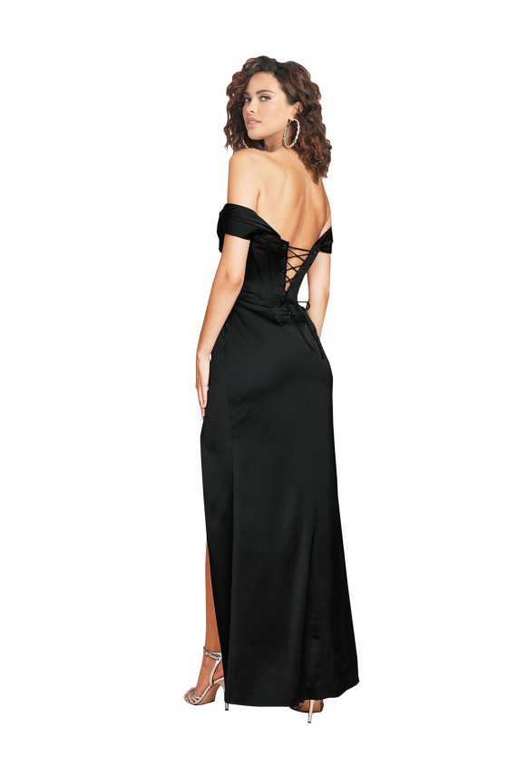 Outlet Fitted Sweetheart Neckline Silky Satin Prom Dress with Off the Shoulder Sleeves and High Slit