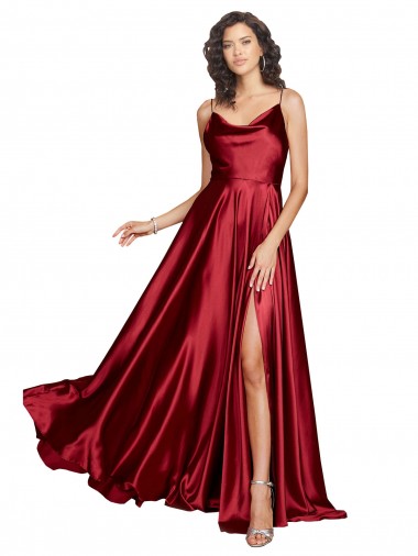 Outlet Cowl Neckline Long Silky Satin Prom Dress with Spaghetti Straps