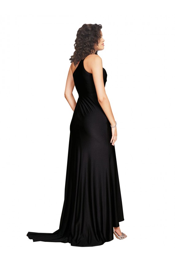 Outlet Floor Length One Shoulder Silky Satin Prom Dress with Side Slit
