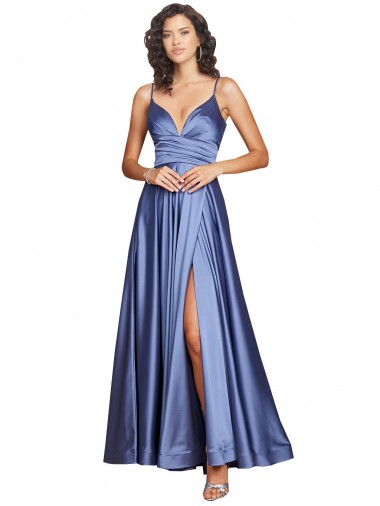 Outlet Deep V-Neck Sweetheart Long Silky Satin Prom Dress with Thigh High Slit