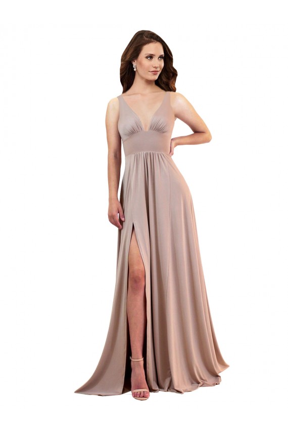 Outlet Long A-Line Plunge V-Neckline Spandex Prom Dress with Slit