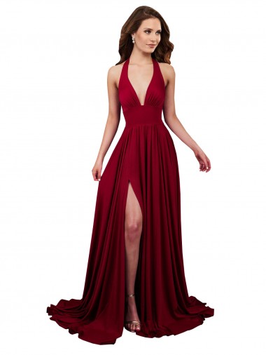 Outlet A-Line Halter Plunge V-Neckline Open Back Spandex Prom Dress with Slit