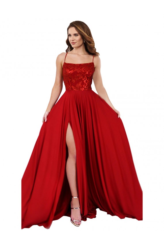 Outlet Lace Over Bodice Long Spandex Prom Dress with Slit