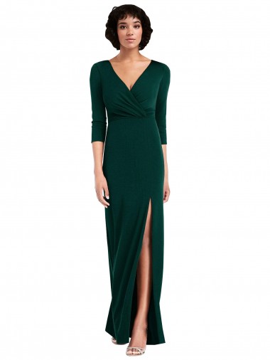 Outlet Floor Length 3/4 Sleeves V-Back Draped Wrap Maxi Spandex Prom Dress