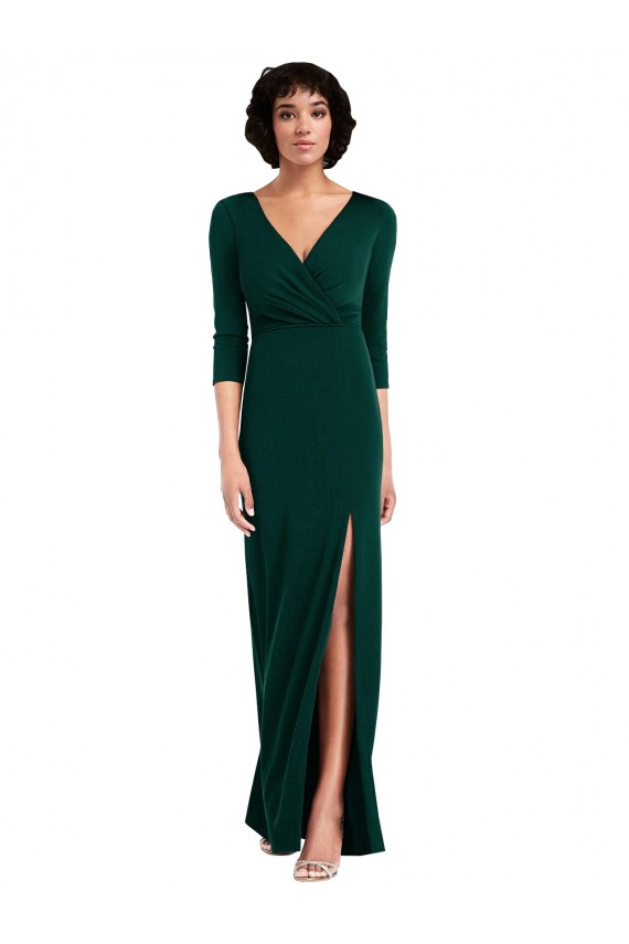 Outlet Floor Length 3/4 Sleeves V-Back Draped Wrap Maxi Spandex Prom Dress
