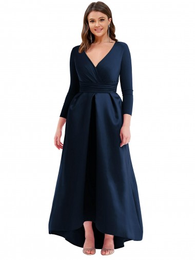 Outlet Long Sleeves Wrapped Spandex Prom Dress with High Low Full Skirt and Pockets