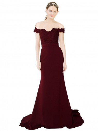 Outlet Full Length Off the Shoulder Formal Crepe Prom Dress with Lace On Bodice and Back