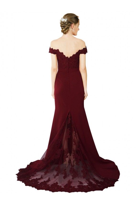 Outlet Full Length Off the Shoulder Formal Crepe Prom Dress with Lace On Bodice and Back