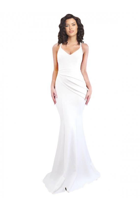 Outlet Fishtail Shape Spaghetti Straps Open Back Crepe Prom Dress with Ruffles