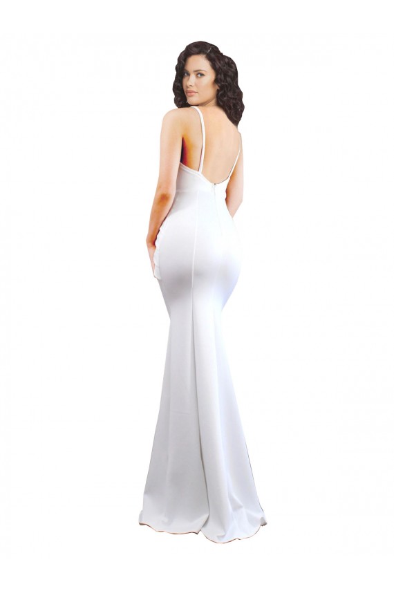 Outlet Fishtail Shape Spaghetti Straps Open Back Crepe Prom Dress with Ruffles