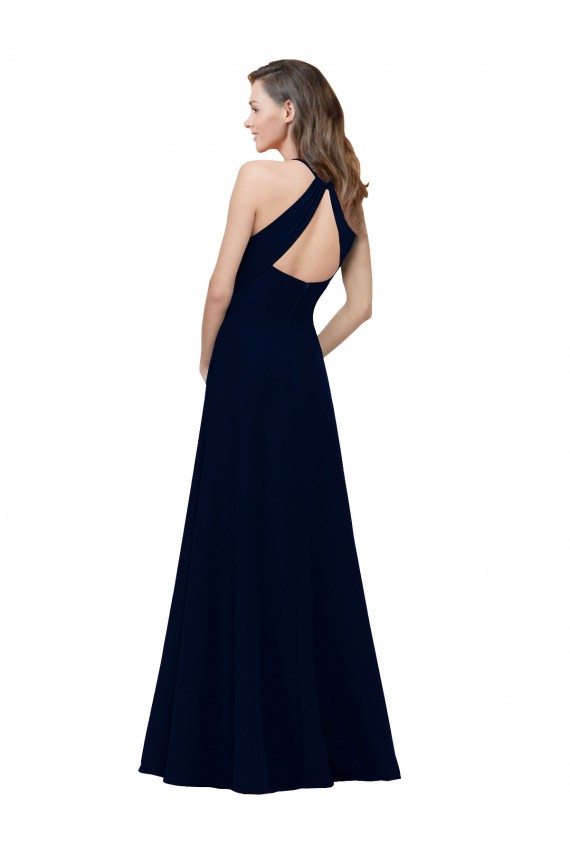 Outlet High Neck Crepe Prom Dress with Pleats and Keyhole Back