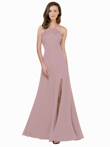 Outlet High Neck Crepe Prom Dress with Pleats and Keyhole Back