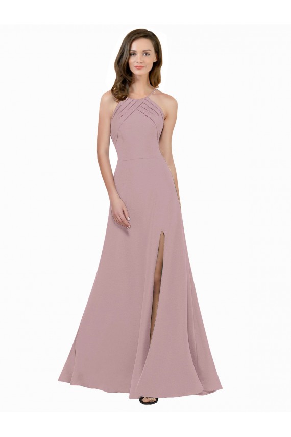 Outlet High Neck Crepe Prom Dress with Pleats and Keyhole Back