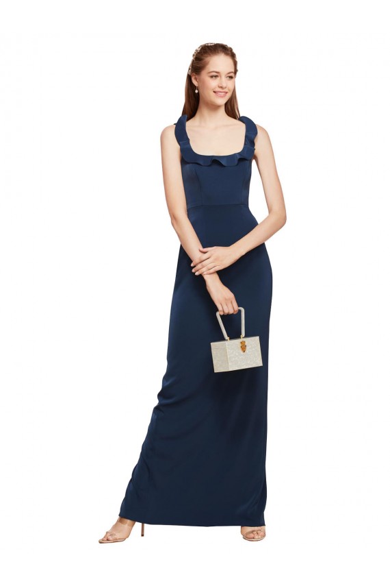 Outlet Scoop Neck with Ruffles Long Crepe Prom Dress with Back Slit