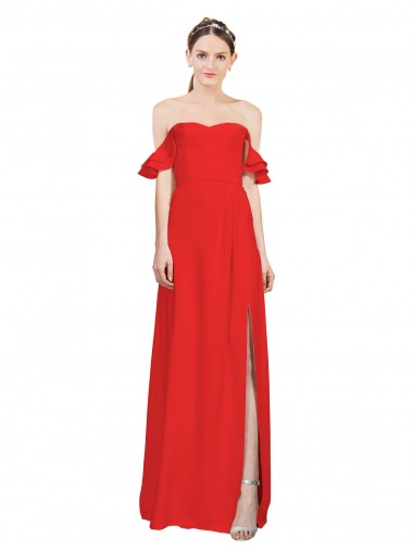 Outlet Double Ruffle Flounce Sleeves Crepe Prom Dress with Slit