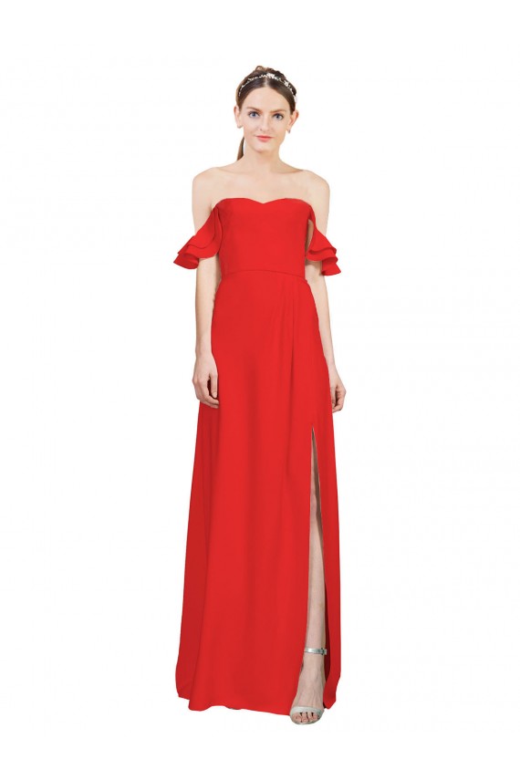 Outlet Double Ruffle Flounce Sleeves Crepe Prom Dress with Slit