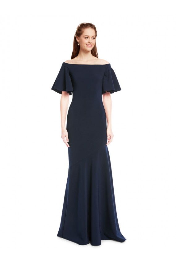 Outlet Off the Shoulder Crepe Prom Dress with Short Ruffle Sleeves.