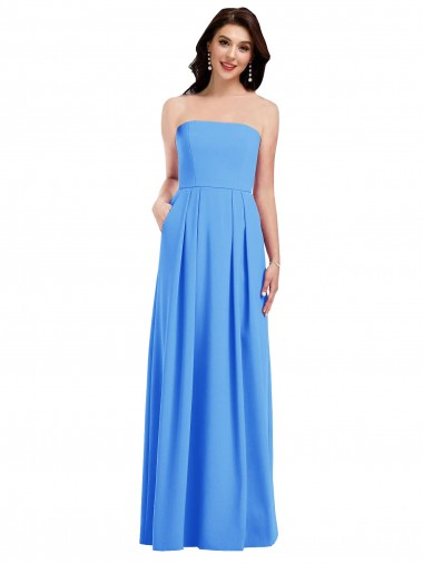 Outlet Strapless Pleated Skirt Crepe Prom Dress with Pockets