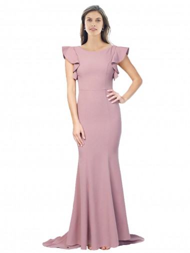 Outlet Flutter Sleeves Low V-Back High Round Neck Crepe Prom Dress