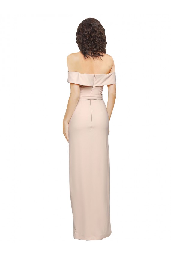 Outlet Off the Shoulder Long Crepe Prom Dress with Waist Tie and Slit
