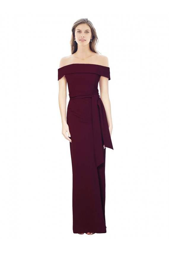 Outlet Off the Shoulder Long Crepe Prom Dress with Waist Tie