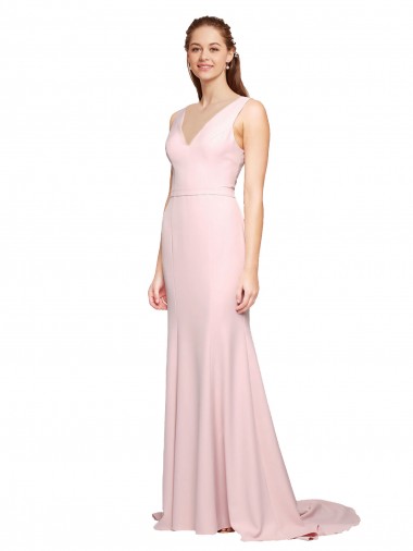 Outlet Deep V-Neckline and Back Long Sweep Train Crepe Prom Dress with Shoulder Straps