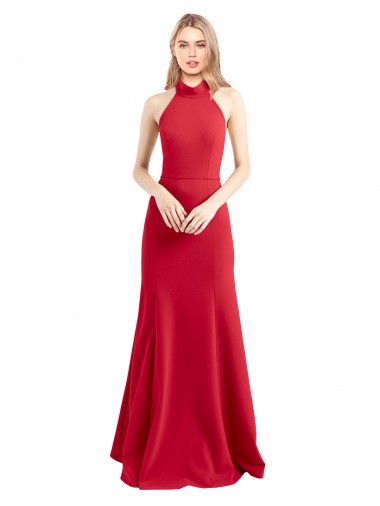 Outlet Sleek Fit and Flare High Neck Halter Stretch Crepe Prom Dress with Open Back