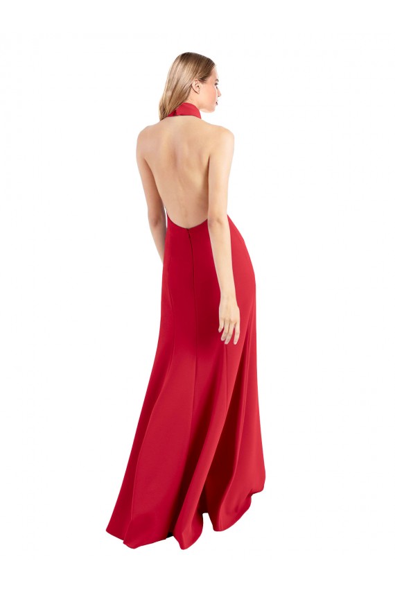 Outlet Sleek Fit and Flare High Neck Halter Stretch Crepe Prom Dress with Open Back