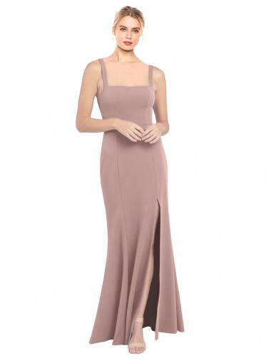 Outlet Square Neck Fit and Flare Long Stretch Crepe Prom Dress with Side Slit