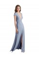 Outlet Plunging V-Neck Cap Sleeves Stretch Crepe Prom Dress with Front Slit