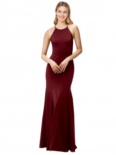 Outlet Fit and Flare Halter Neckline Stretch Crepe Prom Dress with Strappy Back
