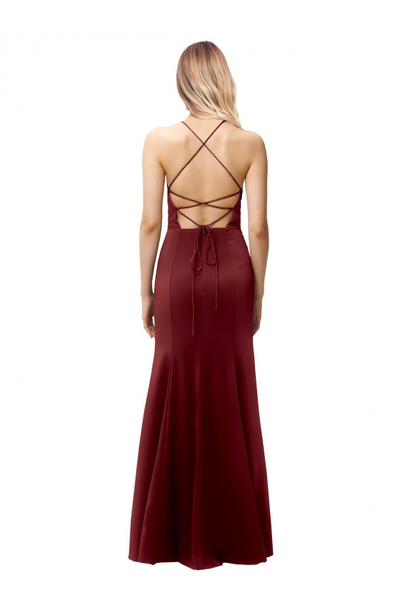 Outlet Fit and Flare Halter Neckline Stretch Crepe Prom Dress with Strappy Back