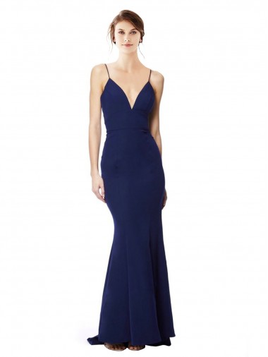 Outlet Deep V-Neck Spaghetti Straps Mermaid Crepe Prom Dress