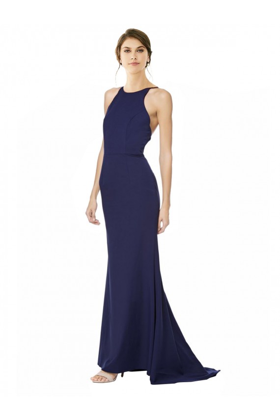 Outlet Fishtail High Neck Maxi Crepe Bridesmiad Dress with Strappy Back Detail