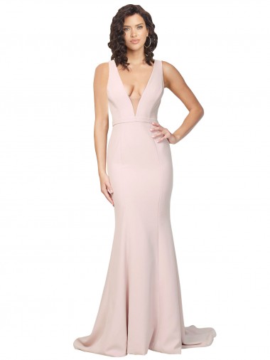 Outlet Deep Plunging V-Neckline Full Length Crepe Prom Dress with Deep V-Backline
